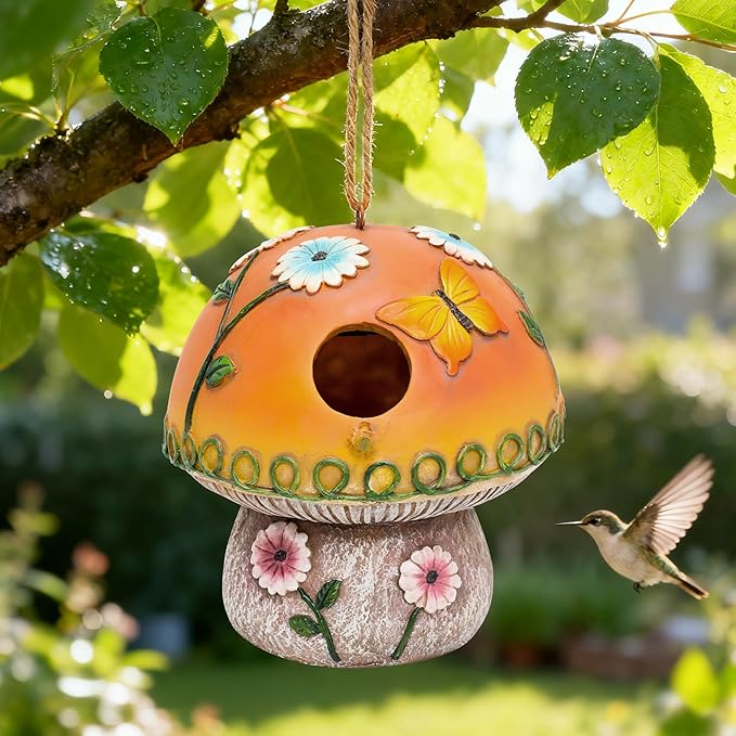 Smadeer Solar Birdhouse for Outdoor Hanging, Mushroom Bird House with Lights Outside, Resin Garden Statue Decorative Nesting Box for Chick Blue Bird Hummingbird Woman Gifts for Yard Patio