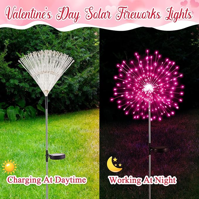 Tujoe 6 Pcs 4th of July Solar Firework Lights Patriotic Solar Light Outdoor Garden 120 LED 8 Modes Waterproof LED Sparkler Light for 250th Anniversary Patio Yard Pathway Walkway (Red,White,Pink)