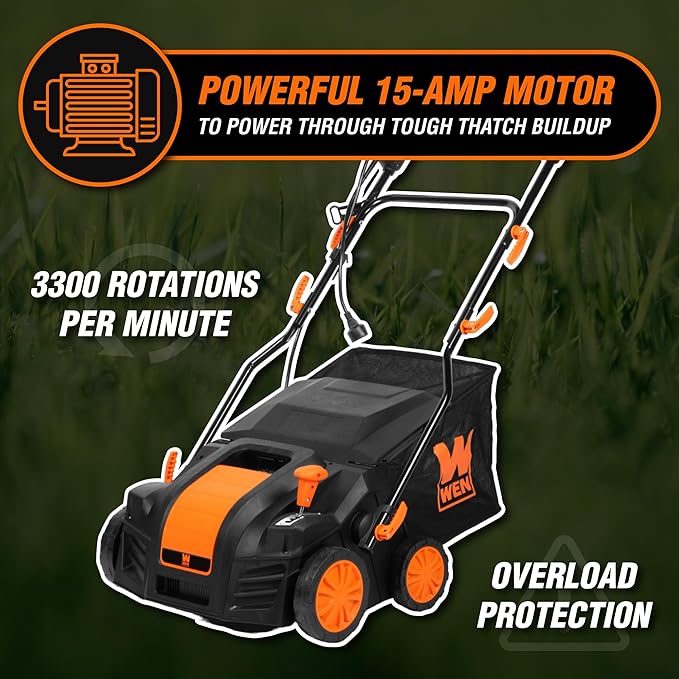 WEN DT1516 16-Inch 15-Amp 2-in-1 Electric Dethatcher and Scarifier with Collection Bag, Black