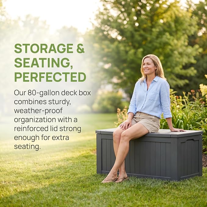 80 Gallon Deck Box, Waterproof Resin Outdoor Storage Box Lockable for Patio Furniture, Fade Resistant Patio Side Table & Organizer for Garden Tools, Pool Floats, Outdoor Cushions, Black