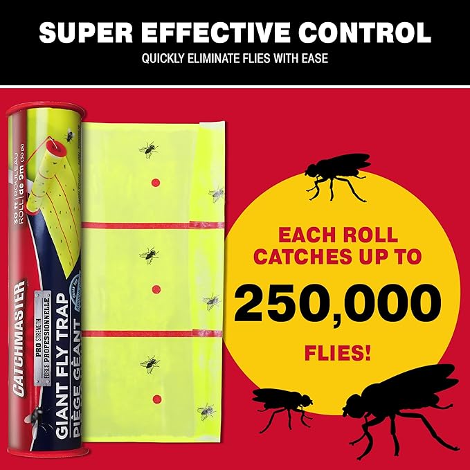 Catchmaster Giant Fly Glue Trap 1-Pack 30 Feet Each, Adhesive Fly Traps Outdoor, Sticky Bug Catcher, Bulk Flying Insect Paper Roll, Pest Control for Garage, Barn, Greenhouse & Garbage Room