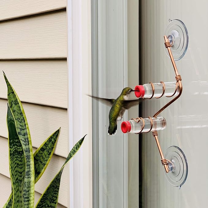 Geometric Window Hummingbird Feeder | Copper and Aluminum | Multiple Stations | Modern Hummingbird Feeder | Handcrafted | Home Décor | Glass Bottles | Suction Cups (Copper)