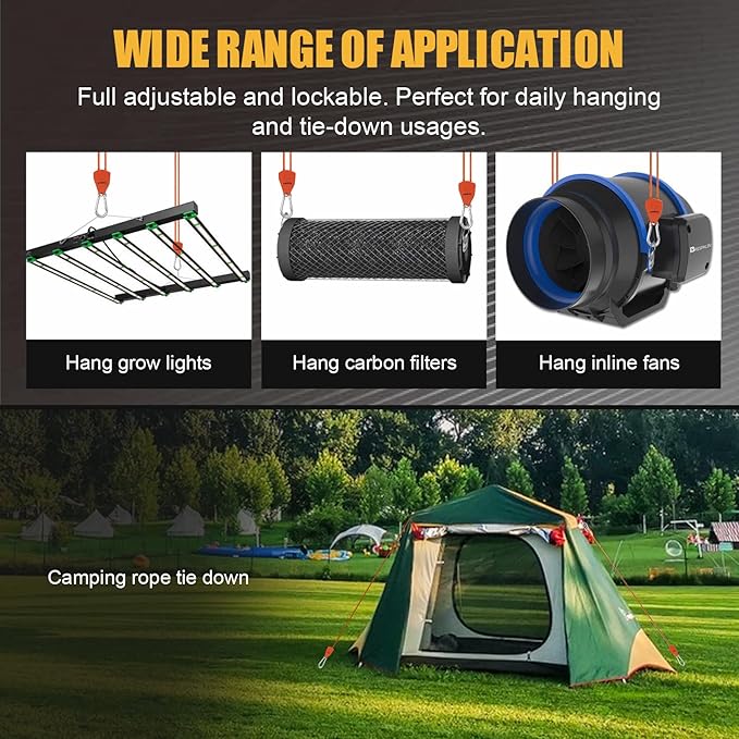 Ayaport Adjustable Rope Hanger Grow Light Hanger, 8Ft 1/8" Heavy Duty Plant Pulley Rope Tightener Ratchet Tie Down for Kayak, Tarp, Tent Tie Downs, Hanging Plants, Filters, Fans