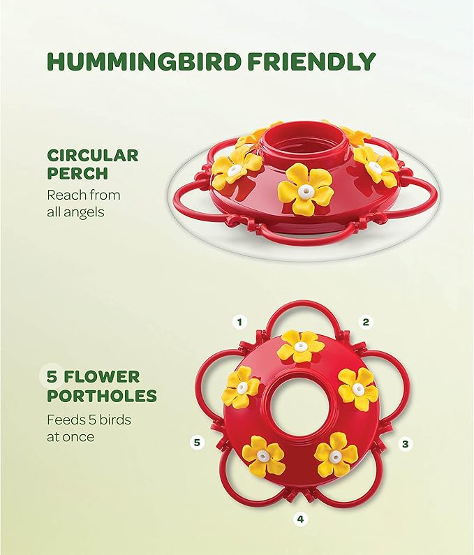 Hummingbird Feeder 10 oz [Set of 2] Plastic Hummingbird Feeders for Outdoors, with Built-in Ant Guard - Circular Perch with 5 Feeding Ports - Wide Mouth for Easy Filling/2 Part Base for Easy Cleaning