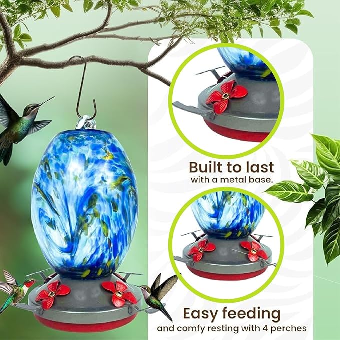 Nature Gear Glass Hummingbird Feeder for Outdoors, Hanging Bird Feeder with Ant Moat, Hand-Blown Glass Garden Feeder, Easy Clean Wide Mouth, Rust Resistant, 38 oz, Sky Blue