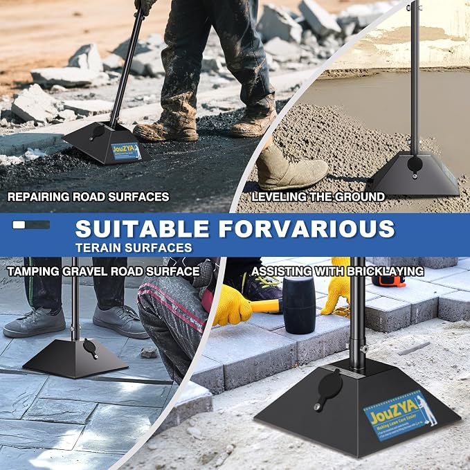 Steel Tamper 8"x8" with 49" Handle, Ground Tamper Tool Fillable Steel Base, Heavy Duty Compactor Tool Adjustable Length, Rubber Grip for Soil,Asphalt,Ground,Gravel,Paver,Yard and Blacktop Repair