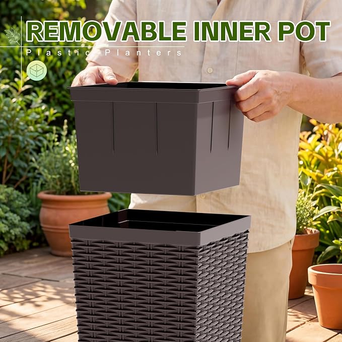 Devoko Resin Tall Planters for Outdoor Plants Set of 2, Large Taper Outdoor Planter Pots with 4 Drainage Holes, Flower Pots Modern Decor for Porch, Patio, Backyard, Home Garden (Brown, 24'')