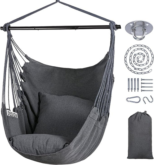 SUNCREAT Hammock Chair Swing with Steel Support Bar, Side Pocket, Large Hanging Chair Outdoor, Max 450lbs Capacity, Dark Gray