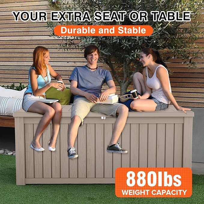 Outdoor Storage Deck Box Waterproof, 180 Gallon Large Lockable Patio Storage Bin Chest, Resin Outside Container Seat Bench for Furniture Cushions, Pool Accessories, Garden Tools & Delivery, Grey