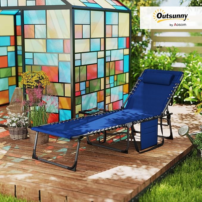 Outsunny Folding Chaise Lounge Chair Outdoor Tanning Chair with Side Table, 5-Level Adjustable Beach Lounge Chair with Headrest, Side Pocket for Patio, Backyard, Beach, Poolside, Dark Blue