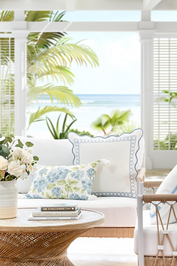Hofdeco Premium Coastal Patio Indoor Outdoor Lumbar Pillow Cover Only, 12"x20" Water Repellent for Backyard, Couch, Baby Blue Green Print Sketch Hydrangea Flower