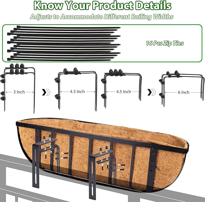 LCHUANG Railing Planter Window Box - 4 Pack 30 Inch Deck Balcony Rail Planter with Coconut Coir Liner, Fence Metal Hanging Flower Planter Basket Deck Railing Planter Boxes for Outdoor Garden