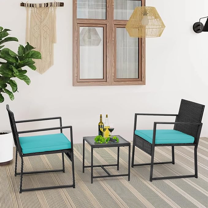 FDW | 3-Piece Patio Furniture Set | Blue | Outdoor Wicker Furniture with Coffee Table | Modern Rattan Chairs Conversation Set | Outdoor Seating | Weather-Resistant | for Porch, Garden, Lawn
