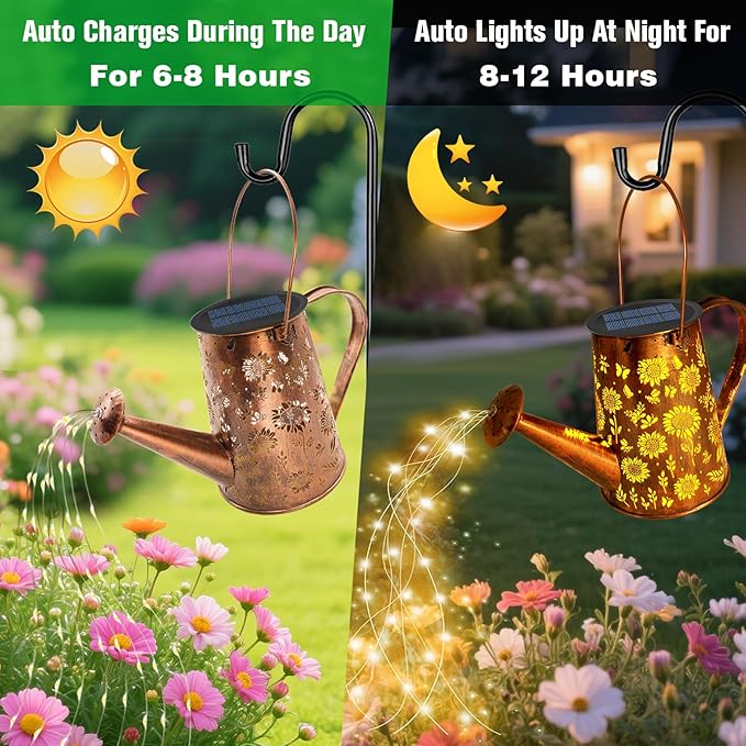 VOOKRY Solar Lights Outdoor Decoration, Large Retro Hanging Metal Solar Watering Can Lights Waterproof Sunflower Garden Decor Outside for Yard Lawn Patio Porch, Gifts for Women Mom Mother's Day