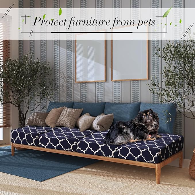 Newwiee 4 Pcs Waterproof Outdoor Cushion Covers for Patio Furniture Stretch Outdoor Couch Cushion Covers Replacement Moroccan Pattern Chair Seat Sofa Slipcovers Soft Flexibility Protector(Navy Blue)