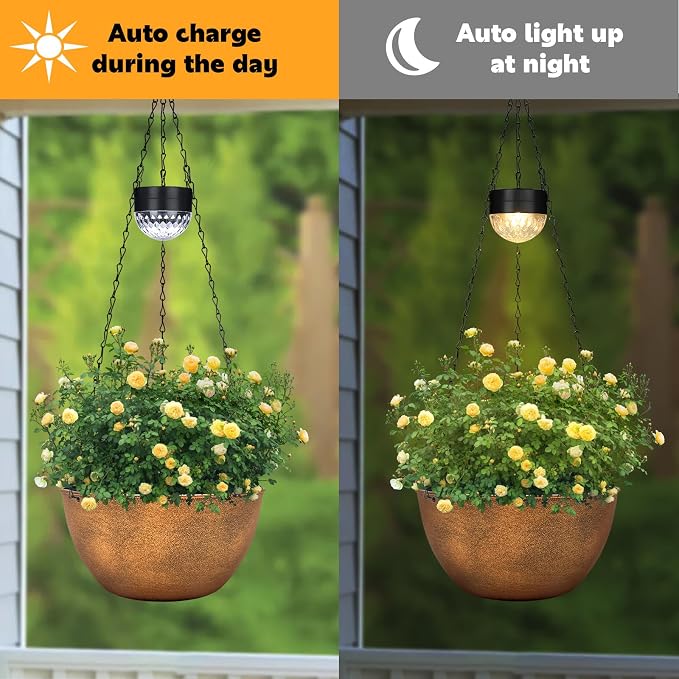 SUNNYPARK 2 Packs Hanging Planters Basket for Outdoor Plants, Solar Powered Self Watering Bronze Round Plastic Flower Pots with Drainer for Balcony Patio Garden Outdoor Decoration