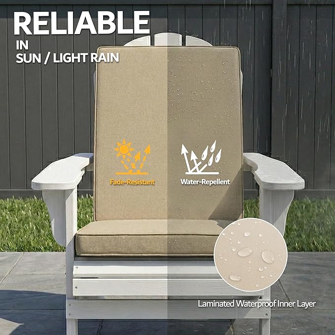 Adirondack Chair Cushions Set of 4 - Removable Covers, Water-Repellent & Fade-Resistant Faux Linen, Securing Straps, Non-Slip Bottom, Fit for Most Outdoor Adirondack & Rocking Chairs - Nature