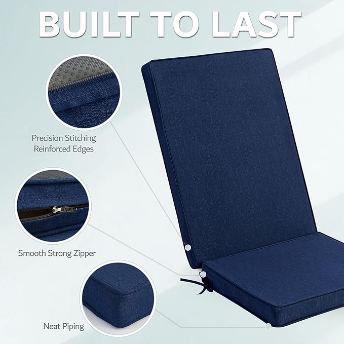 Adirondack Chair Cushions Set of 4 - Removable Covers, Water-Repellent & Fade-Resistant Faux Linen, Securing Straps, Non-Slip Bottom, Fit for Most Outdoor Adirondack & Rocking Chairs - Navy