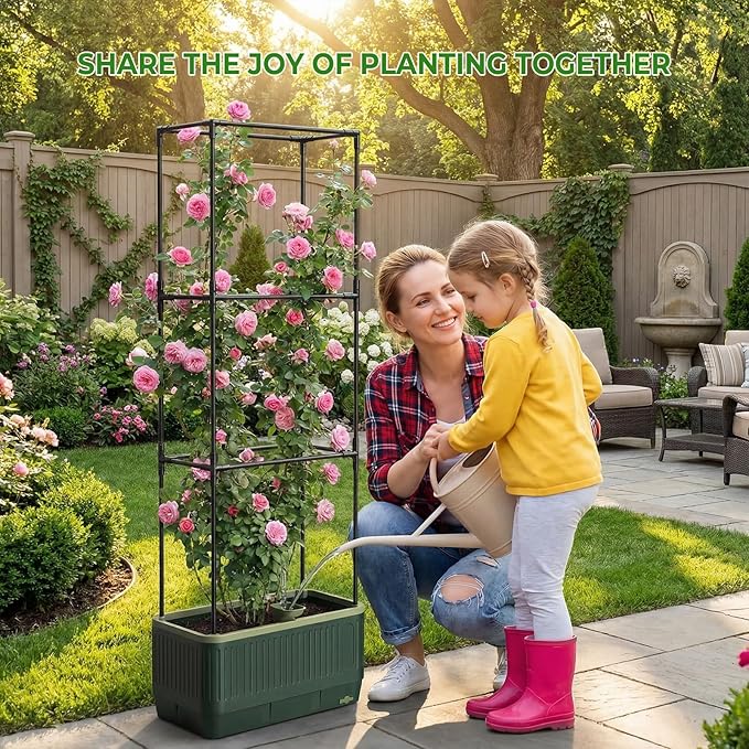 MQUPIN Raised Garden Bed Tomato Planter with Trellis, Self Watering Tomato Planter with Water Level Indicator, Larger Rectangular Tomato Cages for Indoor & Outdoor Climbing Vegetable and Plants (1)