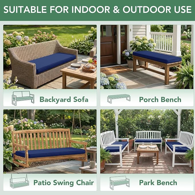 Summsun Outdoor Bench Cushion: Waterproof and Fade Resistant Patio Furniture Cushions - Non-Slip Bench Pad Cushion with Removable Cover for Garden Swing Porch Sofa Settee, 45 x 18 Inch, Navy Blue