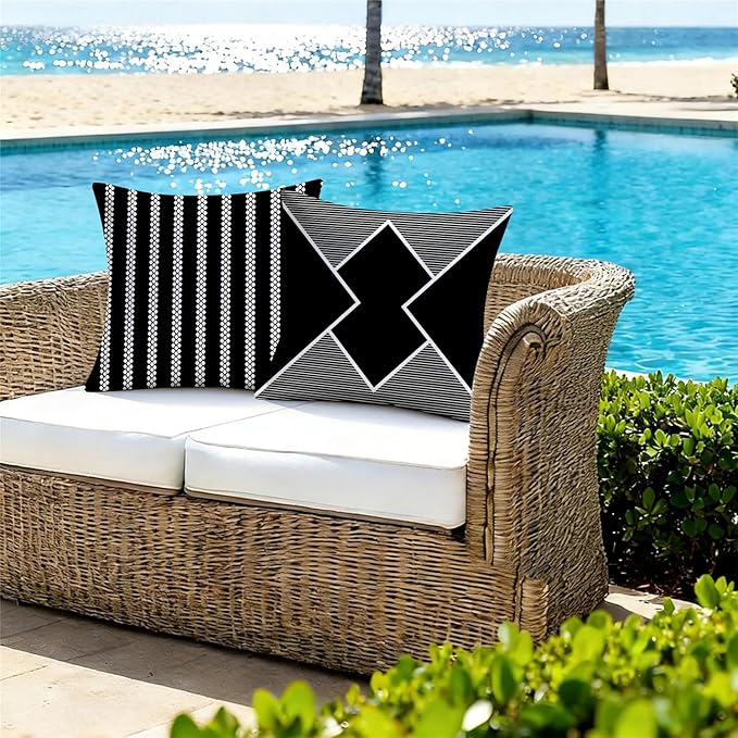 Outdoor Waterproof Throw Pillow Covers 18x18 Set of 4 Black Modern Geometry Decorative Cushion Cases for Patio Furniture Garden Porch Bench Couch Sunbrella