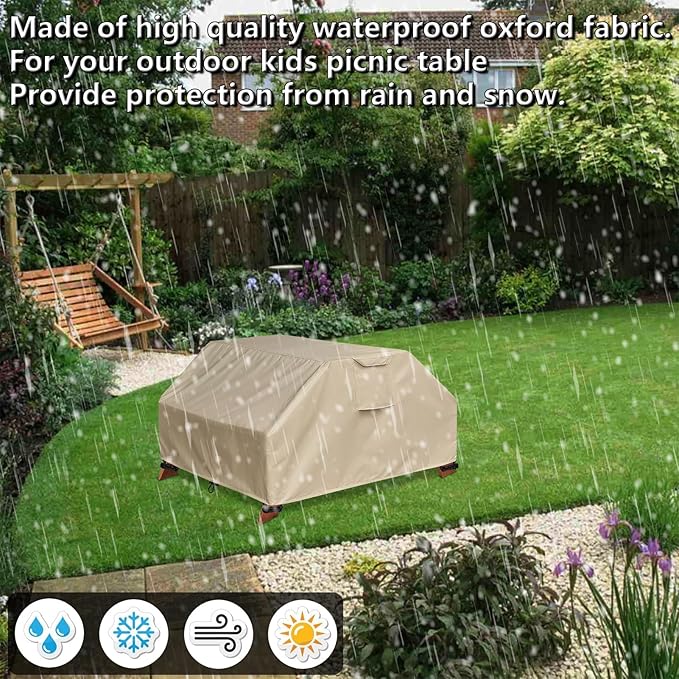 Kids Picnic Table Cover Waterproof for Sand & Water Activity Table, Weatherproof and UV-Resistant Material for All-Season Protection, Toddler Patio Wooden Table Cover (Khaki)