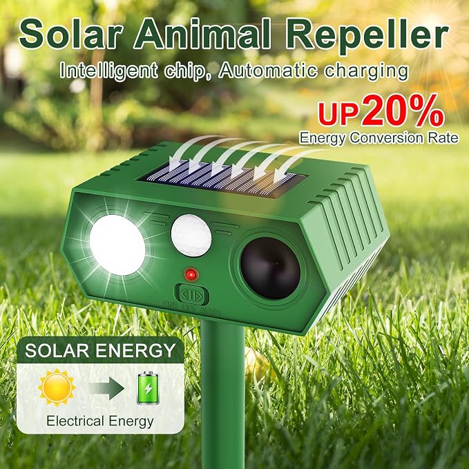 4 Pack 2026 Upgraded Solar Ultrasonic Animal Repellent Outdoor, Deer Repellent Devices Waterproof, Motion Activated Cat Repellent Outdoor, Squirrel Raccoon Skunk Rabbit Dog Bird Deterrents for Yard