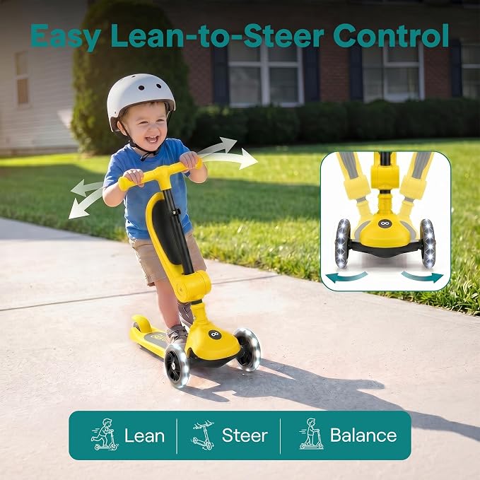 SereneLife 3 Wheel Scooter for Toddlers & Kids, Foldable Seat, LED Wheels, Adjustable Handlebar, Anti-Slip Deck, Rear Foot Brake, Lean-to-Steer, Kid Scooter, Supports up to 110 lbs (Yellow)