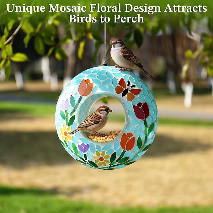 SAVENNA Mosaic Glass Hanging Bird Feeder, 8 Inch Handcrafted Outdoor Feeder with Steel Wire Rope, Decorative Garden & Patio Feeder for Wild Birds, Colorful Floral Mosaic Design