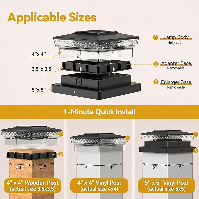 KEILAIMO Solar Post Cap Lights, 16-Pack Upgraded Outdoor Deck Fence Post Solar Lights for 4x4 5x5 Wood/Vinyl Posts, IP65 Waterproof, 10-12 Hours Warm/Cool White Glow for Garden/Patio/Porch - Black