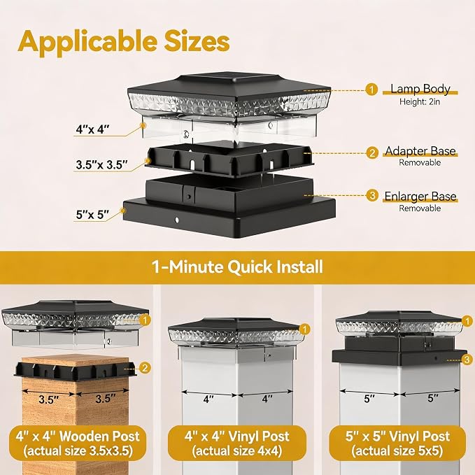 KEILAIMO Solar Post Cap Lights, 12-Pack Upgraded Outdoor Deck Fence Post Solar Lights for 4x4 5x5 Wood/Vinyl Posts, IP65 Waterproof, 10-12 Hours Warm/Cool White Glow for Garden/Patio/Porch - Black