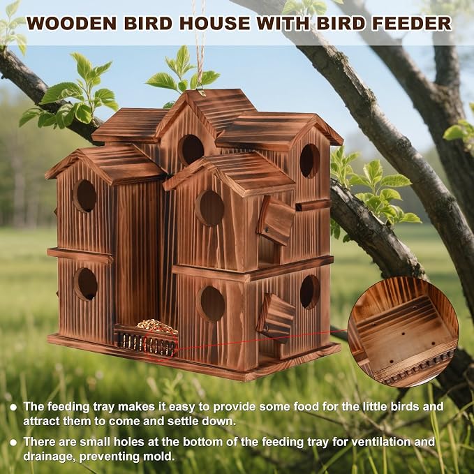 Wooden Bird Houses for Outside, 10 Rooms Bird House with 1.57" Entrance Holes Large Bird Nesting Box for Bluebird Wren Chickadee Cardinals, Hanging Birdhouse for Outdoors with Individual Cleaning Door