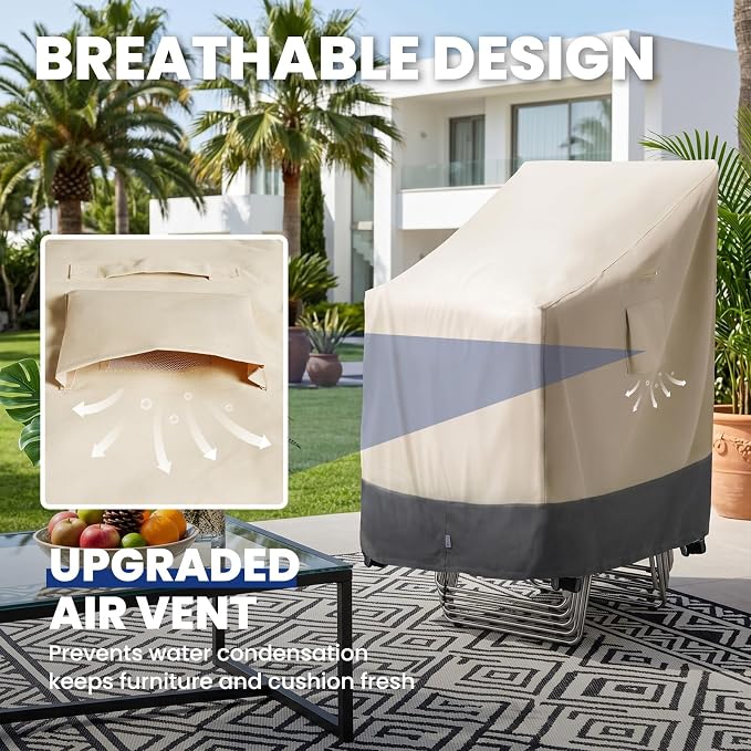 Extra Heavy Duty Stackable Patio Chair Covers Waterproof 2 Pack, Patio Furniture Covers for 4-6 Stackable Dining Chairs, Lawn Outside Outdoor Seat Cover with Air Vents, 28"W x 36"D x 47"H