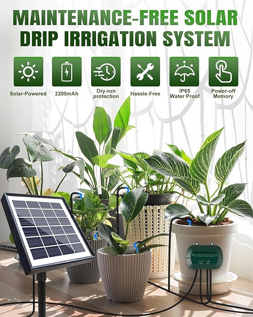 Breeze Touch Solar Drip Irrigation Kit 50FT, Automatic Garden Watering System with Timer, Draws Water from Container, Supports 15 Pots for Balcony, Patio, Indoor & Outdoor Plants