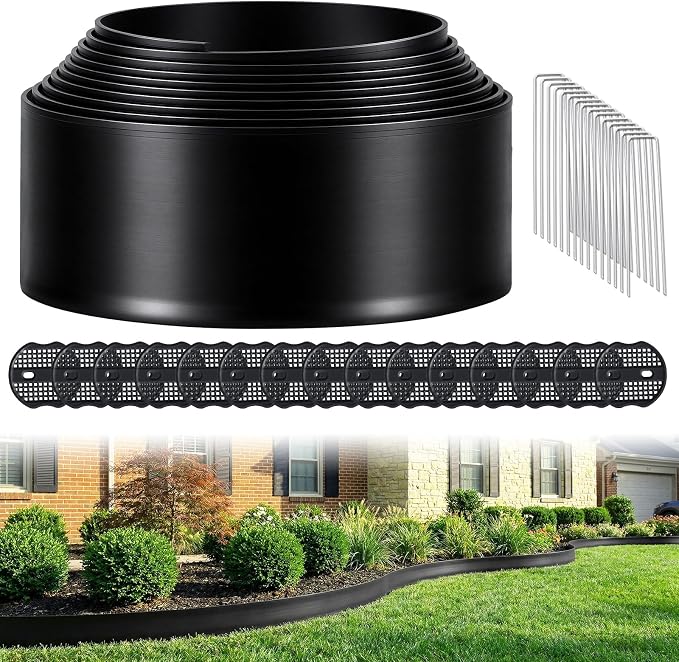 4 Inch Tall No Dig Landscape Edging, 20 FT Heavy Duty Plastic Garden Border Kit with 25 Metal Stakes, Durable All-Weather Flexible Barrier for Lawns, Flower Beds, Paver, Pathwa & Patio
