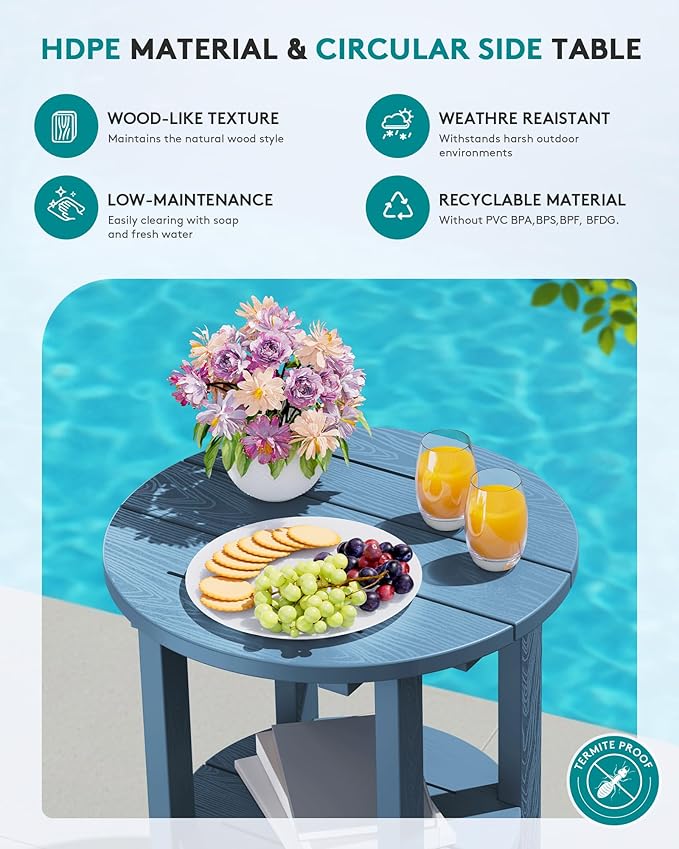 SERWALL Round Outdoor Side Table Set of 2, HDPE Small Adirondack Double End Table, Navy