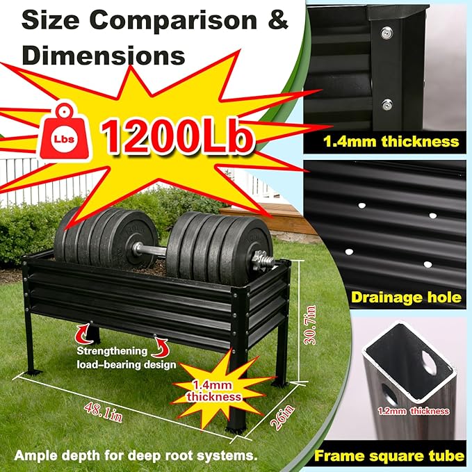 Large Galvanized Raised Garden Bed Outdoor with Legs, Load Capacity 1200LB, 48x26x30in Raised Garden Bed, for Backyard/Patio/Balcony/Gardening/Vegetables Flowers, Black