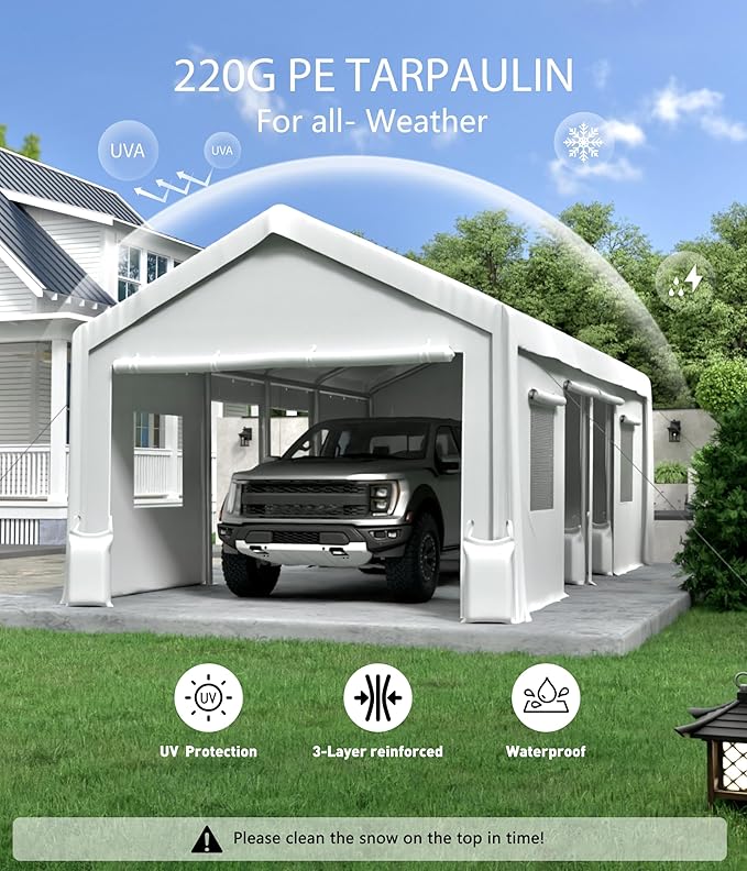 Heavy Duty Carport Replacement Canopy Cover – Waterproof, UV & Wind Resistant PE Tarp – Fits 13x20 ft, 200G – White, Top Cover Only (Frame Not Included)