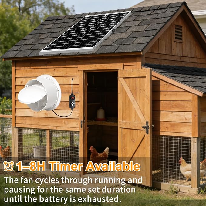 Solar Powered Fan with Battery Run Day/Night, 25W 9.8" Solar Fan for Chicken Coop with 2 Fan Speed/1-8 Cycle Timer, Waterproof Solar Greenhouse Fan for Shed, Chicken Coop, Greenhouse