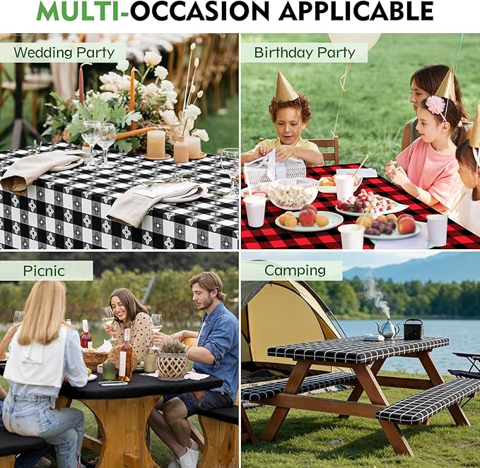 Picnic Table Cover with Bench Covers, Fitted 6ft Waterproof Tablecloth Set for Outdoor Camping & RV - Includes 1 Table Cover & 2 Bench Covers with Drawstring Storage Bag, 30"x72", Red Black Grid