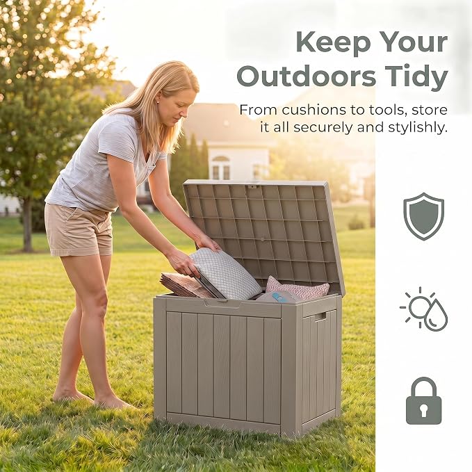 NicBex 30 Gallon Deck Box, Waterproof Resin Outdoor Storage Box Lockable for Patio Furniture, Fade Resistant Patio Side Table & Organizer for Garden Tools, Pool Floats, Outdoor Cushions, Light Coffee