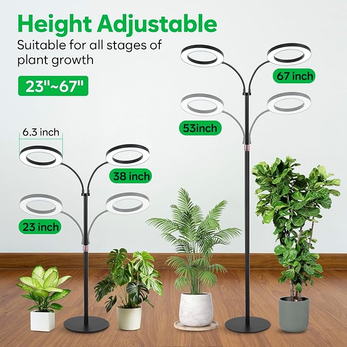 Dual Head Grow Lights for Indoor Plants - Full Spectrum 144 LED Growing Lamps with 3H/9H/12H Auto Timer, 3 Color Modes, 10 Brightness Levels, Height Adjustable 23-67" - Sun Light for Large Tall Plant
