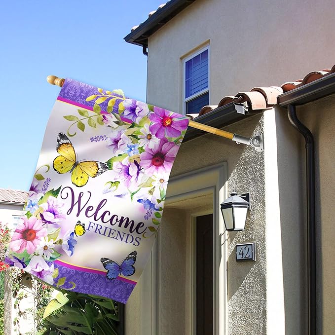 Texupday Welcome Friends Floral Blooms Butterfly Decoration Seasonal Spring Summer House Flag Outdoor Yard Flag 28" x 40"