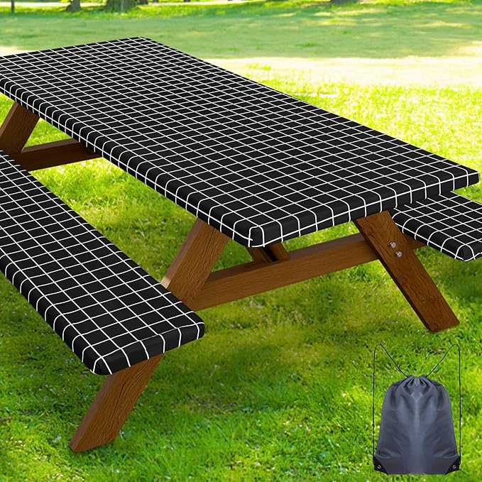 Smiry Picnic Table Cover with Bench Covers, Waterproof Elastic Fitted Tablecloth for 8 Foot Tables, Washable Polyester Tablecloths for Camping, Indoor & Outdoor (Black & White, 30x96 Inch 3-pc Set)