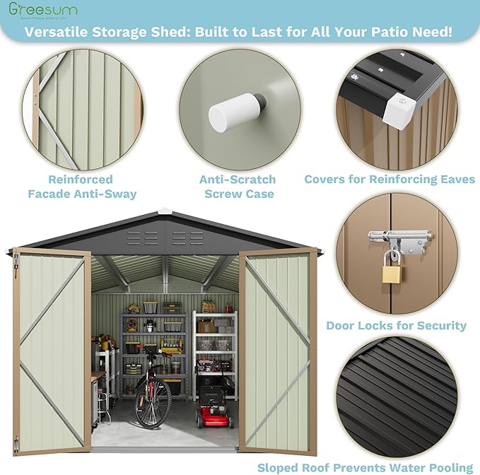 Greesum 8x12FT Outdoor Storage Shed, Utility Tool Shed with Sloping Roof, Metal Storaged Garden Shed with Door & Lock for Patio Storage, Brown