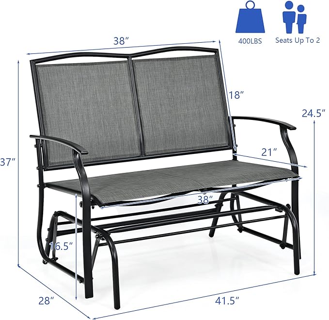 Giantex Patio Glider Benches for Outside, Swing Glider Chair with Steel Frame, 400 LBS Capacity, Patio Swing Rocker, 2-Person Loveseat for Backyard, Poolside, Lawn, Balcony, Porch Glider Bench(Gray)