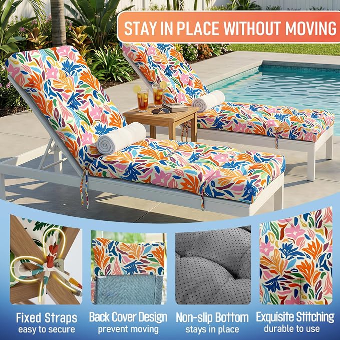 MAGIC ELEPHANT Chaise Lounge Cushion Outdoor, Memory Foam Patio Lounge Chair Cushion with Ties for Outdoor Furniture, 74 x 22 x 4 Inch (Multicolor Leaves)