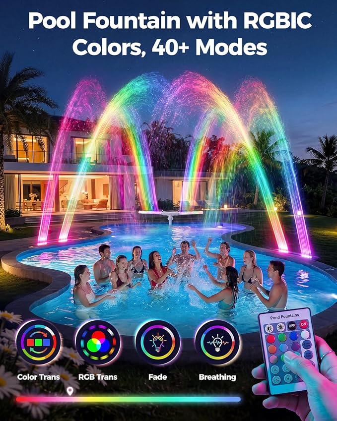 Solar Pool Fountain with Lights, Dual-Head Adjustable Spray & Timer, Remote Control, Auto Dusk Sensor, 10-Color LED Modes & 15°F Cooling Spray for Above & Inground Pools (White)