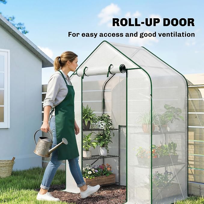 Outsunny 4.7' x 2.3' x 6.2' Small Greenhouse for Outdoors, 3 Tiers 6 Shelves, Portable Greenhouse with UV-Resistant PE Cover, Walk-in Green House with Roll-Up Door, White