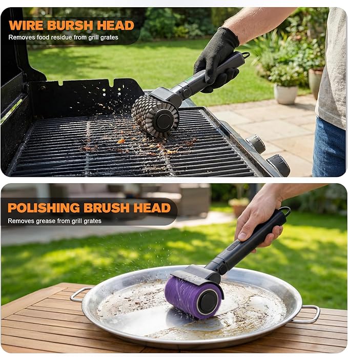 Electric Grill Brush for Outdoor, Electric Grill Cleaner with 2 Heads, 3-Speed & Angle Adjust Cordless BBQ Grill Brush, 150Mins Runtime Grill Cleaning Brush for Outdoor Barbecue Grates